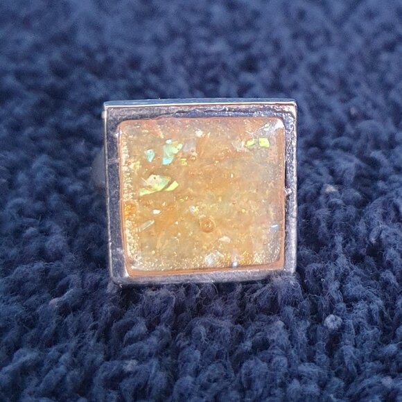 Very Unique Bold Vintage Faux Yellow Opal German Silver Ring - Picture 11 of 11